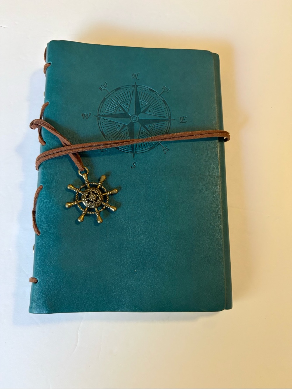 Teal Compass Leather Travel D-ring Journal with Ship Wheel Charm